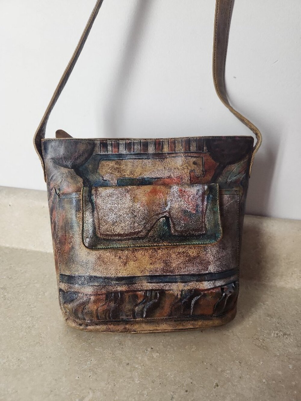 Jane Yoo vintage hobo-style wearable art leather cross body shoulder bag
